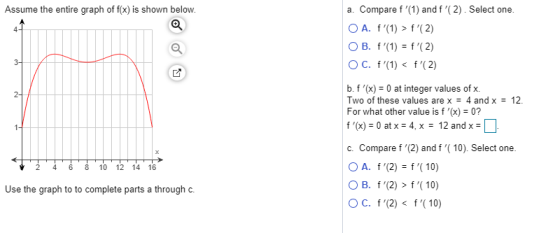 Assume the entire graph of f(x) is shown below. Ø a. Compare f(1) and f(2). Select one. O A. f(1) > f(2) O B. f(1) = f(