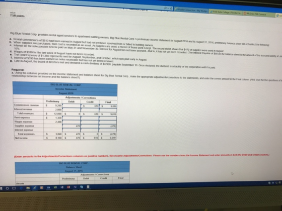 7.50 points a. Rental commissions of $610 had been eamed in August butl had not yet been seceived trom or biled to building owners o erest on the note paty atie is to be pad on May 31 and November 30sugunsit has not been accrues -that is, t has not yet been recordesd (The Interest Payabe of $80 on the balance sheet s the amount of the accuedy aa 10% d. Wages of $370 for the last wweek of August have not been recorded e. The Rent Expense of $1,350 represents nent for August, September, and October, which was pad early in August t. Interest of $390 has been eamed on notes recelvabie but has not yet been received g. Late in August the board otdeectors met and dedared acash didend of $3.900, partie September so once ded ed heddend nautinofmeenna Required: statement and balance siheet for Big ue Rental Corp, make the appropriate auntmentvomecions to the statements, and enter te conect amount in the Final coumn (int Use the tive questiom af s betereen net income and the balance sheet?) Income Statement Enter amounts in the AdjustmentsComections eolumes as positive numbers. Net income Adjustomentsu Corectons Pease use the sumbers tron me