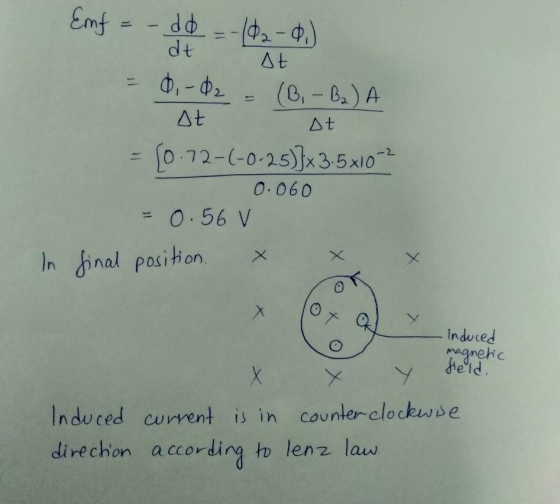 Emf - dd = -102 -0.) At dt ΔΕ 0,-02 (B, B2) A st [0.72-(-0.25)}x 3.5x102 0.060 = 0.56 V In final position. T Q induced magnet