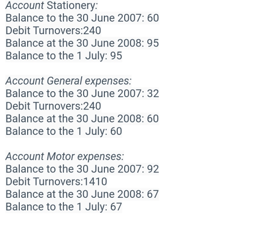 Account Stationery: Balance to the 30 June 2007: 60 Debit Turnovers:240 Balance at the 30 June 2008: 95 Balance to the 1 July