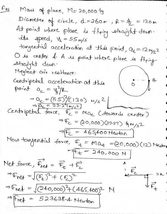 en Mau at plane, M= 20,000 Diameex Cendipetl accelesathin at thiu A- fovct, 伞t-Mat ーと0,000. (2) Neubr apnet =.le4-0) o o)4 (465, 400° →Fret - 523638-4 Newton N 七