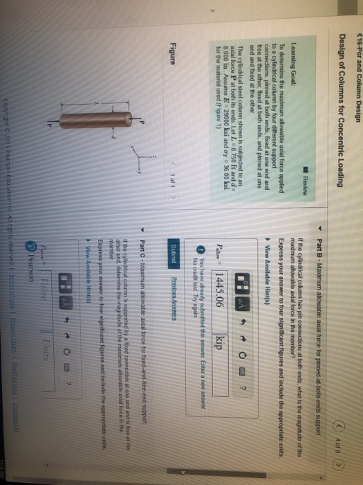 4 of 9 to a 8000 in E:29000 ksi andoy=36 00 ksi Plion 1445.06 Previous Answer