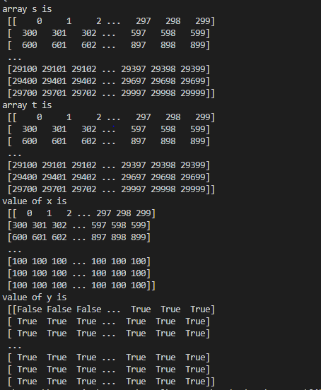 array s is [[ 300 [600 299] 599] 899] 1 2... 297 298 301 302 597 598 601 602 897 898 [29100 29101 29102 29400 29401 29402 [29