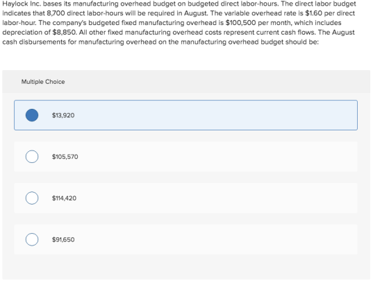 Haylock Inc. bases its manufacturing overhead budget on budgeted direct labor-hours. The direct labor budget indicates that 8