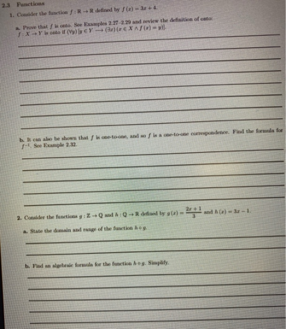 1. Consider the function R R defined by tz) 3+ a. Prove that onto. See Examples 227 2.29 and review the definition of conta X