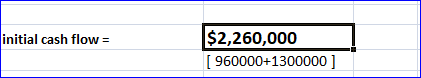 initial cash flow = $2,260,000 [ 960000+1300000)