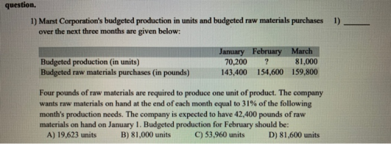 question. 1) Marst Corporations budgeted production in units and budgeted raw materials purchases over the next three months