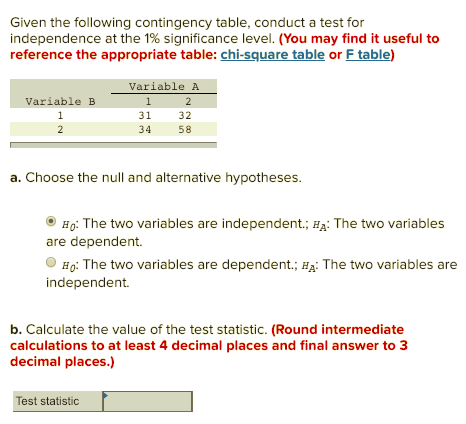 Given the following contingency table, conduct a test for independence at the 1% significance level. (You may find it useful to reference the appropriate table: chi-square table or F table) Variable A Variable B 31 34 32 58 a. Choose the null and alternative hypotheses. OH: The two variables are independent.; H: The two variables are dependent. 0 0: The two variables are dependent. ; HA: The two variables are independent. b. Calculate the value of the test statistic. (Round intermediate calculations to at least 4 decimal places and final answer to 3 decimal places.) Test statistic