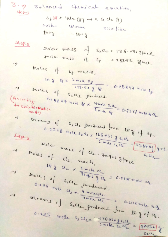 3.ay step-1 Balanced chemical equation, Sg (5)t sultur thog Yelz (9) Chlorine 150 g 4 S₂ Cl₂ (9) Disulfide Step-2 molar mass