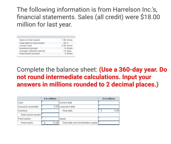 The following information is from Harrelson Inc.s, financial statements. Sales (all credit) were $18.00 million for last yea