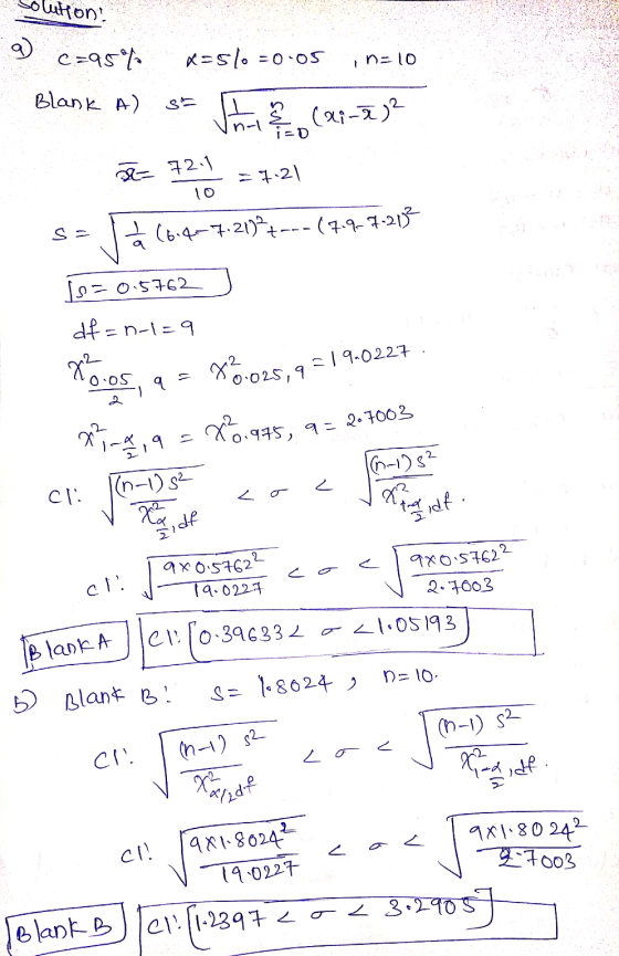 lution! C=95°43 x=5% =0.05 n=10 Blank A) h (011-)? =D X= 72.1 =721 Sa á (6.4–7.21377---(7.9-7-202 1s=0.5762 df= = n-1= 9 =19-
