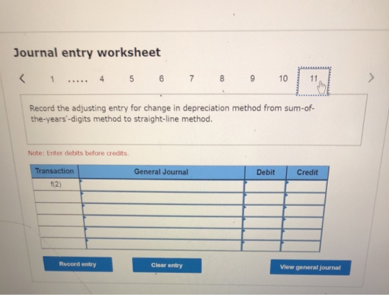 Journal entry worksheet ... 4 < 8 10 11 5 6 7 1 Record the adjusting entry for change in depreciation method from sum-of- the