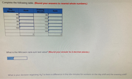 Complete the following table. (Round your answers to nearest whole numbers.) Day Minutes Rank Evening Minutes Rank 98 105 Wha
