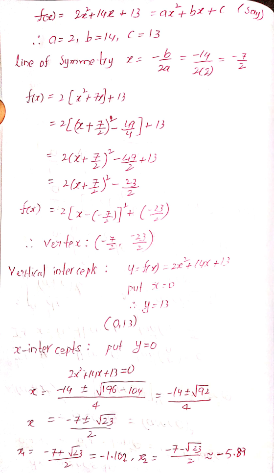 L ( Say) foe) = 2² +148 + 13 - ax + bx+c i 9 = 2, b=14, C = 13 line of Symmetry na -- -b =-14 = -2 207) 20 て + f(x) = 2 [er7]