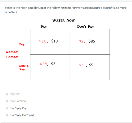 What is the Nash equilibrium of the following game? (Payoffs are measured as profits, so more is better) WATER NOW PAY DONT