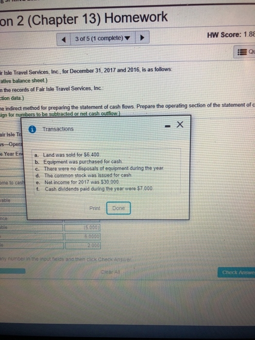 on 2 (Chapter 13) Homework HW Score: 1.88 3 of 5 (1 complete) ar Isle Travel Services, Inc., for December 31, 2017 and 2016,
