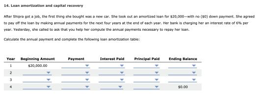 14. Loan amortization and capital recovery After Shipra got a job, the first thing she bought was a new car. She took out an