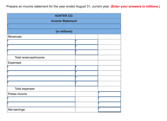 Prepare an income statement for the year ended August 31, current year. Enter your answers in millions.) HUNTER CO Income Statement (in millions) Revenues: Total revenues/income Expenses Total expenses Pretax income Net earnings