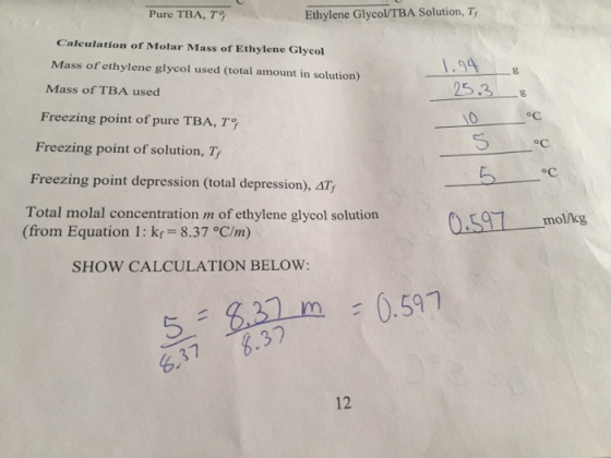 Pure TBA, T9 Ethylene Glycol/TBA Solution, T Calculation of Molar Mass of Ethylene Glycol Mass of ethylene glycol used (total