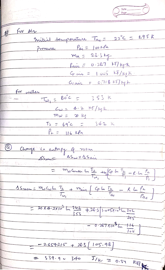 Dotz sir Initial temperature Tay = 22°C = 295k Pressure Pai= lookea ma= 28.3 kg Rai = 0.287 kJ / kg ta Op.cie = 1.005 13/ks K