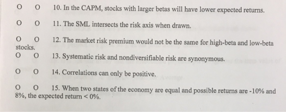 0 0 10. In the CAPM, stocks with larger betas will have lower expected returns. 0 0 11. The SML intersects the risk axis when