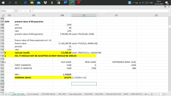 W i v D a 1x 3 ENG 08:13 16-03-2020 ... o X : x fix Formula Bar CV CW _ cx Formula CY CZ - 2100 present value of 60 payments