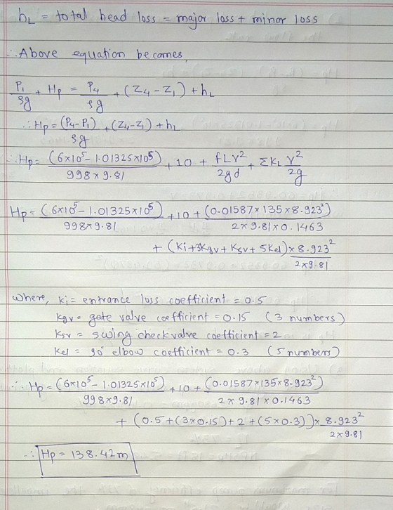 h = total head loss. major loss + minor loss Above equation becomes 1 Pi Hp P4 (24-2, the sg eg .: Hpa (P4- Po) (26-2) + hl l