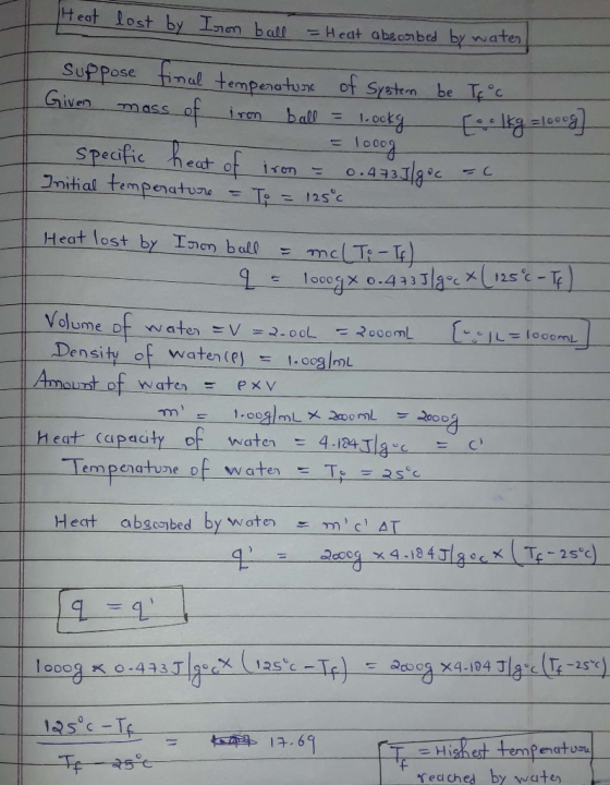 Heat lost by Inm ball Heat abaonbed by water SuPPose tinal tempenotun of System be Tec Given ball = 1.ockg of irem mass दिजलज