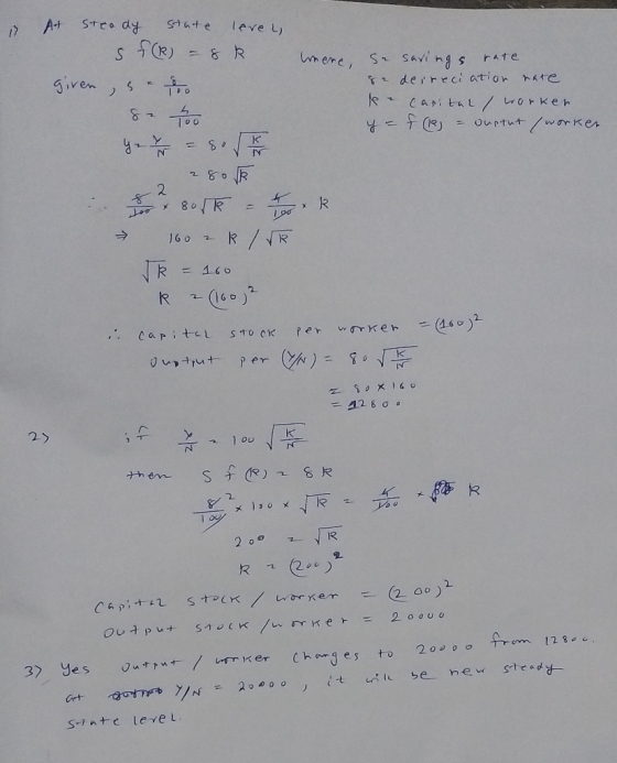 At Steady state lever, S f(R) = 8k where, so savings rate given, set 8 a deireciation rate er Carital worker 8- 16.00 y = f(1
