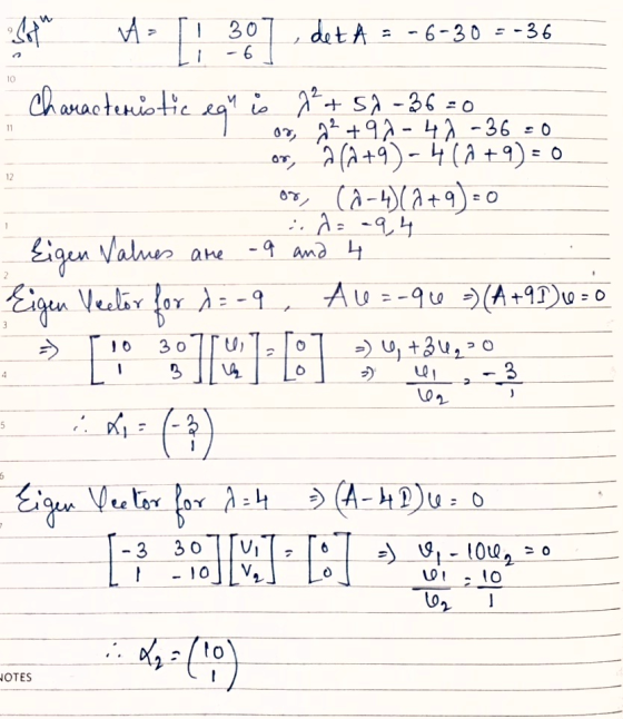 -- 10 12 1 Sopi 1•1: 30] . det A = -6-30--36 Characteristic is 2²+57 36= or, a2 +99- 49 -36 -0 er, a (+9)- 4(+9) = 0 or (2-4)