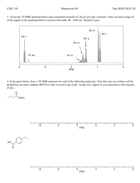 CHE 310 Homework 9 Due WED NOV 20 3. Given the H NMR spectrum below and a molecular formula of CH..0. provide a structure. N