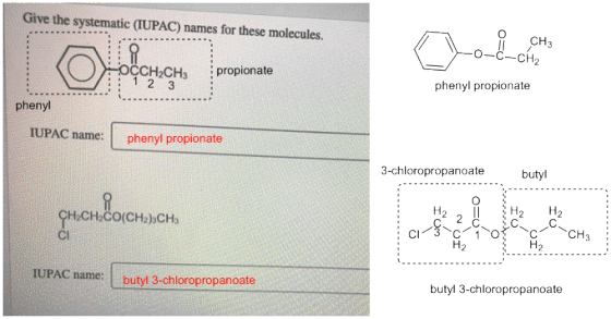 Give the systematic (IUPAC) names for these molecules. CHз -сH2 ОССH-CH 2 3 propionate phenyl propionate phenyl IUPAC name: p