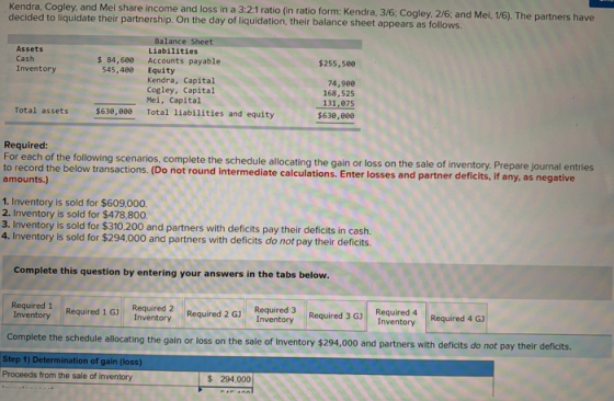 Kendra, Cogley, and Mei share income and loss in a 3:2:1 ratio (in ratio form: Kendra, 3/6; Cogley, 2/6; and Mei, 1/6). The p