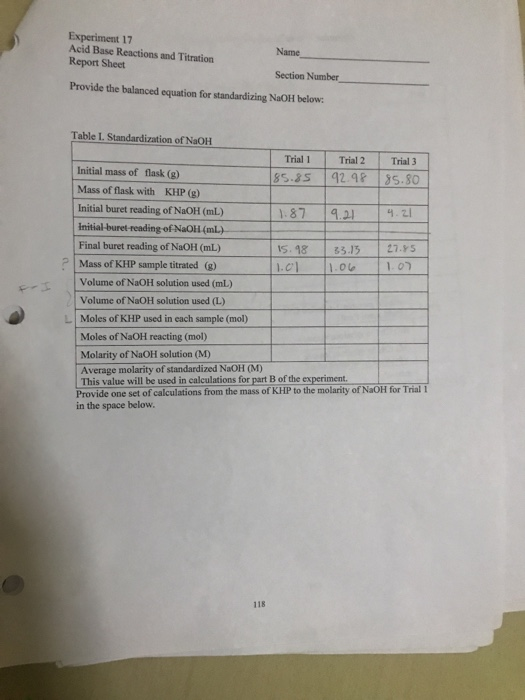 Experiment 17 Acid Base Reactions and Titration Report Sheet Name Section Number Provide the balanced equation for standardiz