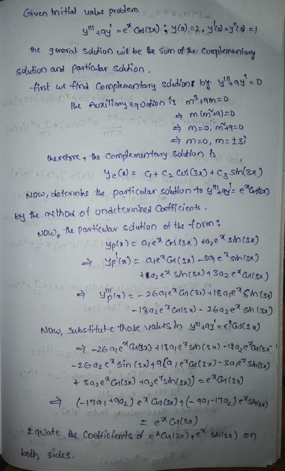 Contact It (ka) to ne - Cole opt(x2) Ogo Ausiliary equation is m3 +9mzo Given initial value problem yay Cos (3x) ; y(0) =2, y