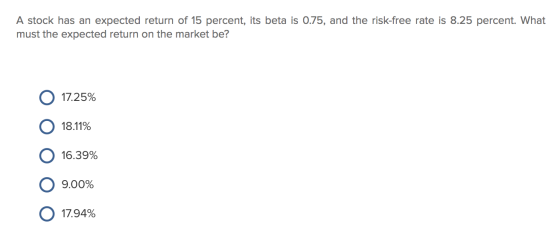A stock has an expected return of 15 percent, its beta is 0.75, and the risk-free rate is 8.25 percent. What must the expecte