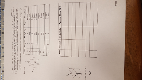 Chem 3AL 3, A. Please label the protons on each of the following molecules. Dont forget to check for diastereotopic protons. These are all structures related to experiment #16. 3. B. Fill in the prediction table for each molecule. Remember that you can get complex splitting when there are different types of neighbors. There may be more rows than you will need. NOTE: Diastereotopic protons on the same carbon are considered neighbors. Example Label Integral Multiplicity Approx. Chem Shift 1 d 4-6 ppm 0-2 ppm E D 4-6 ppm 4-6 ppm H H I F G >22 ppm >2 ppm 1 -2 ppm 0-2 ppm 0-2 ppm Label Integral Multiplicity Approx. Chem shift Mol. Wt. 152 A Page