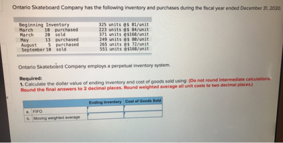 Ontario Skateboard Company has the following inventory and purchases during the fiscal year ended December 31, 2020. Beginnin