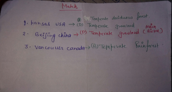 Match @ . Temperate deciduous forest. 1. Kansas USA (D) Temperate grassland main 2. Beijing china (0) Temperate grasland (Bro