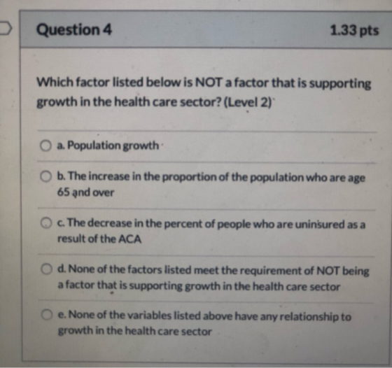 Question 4 1.33 pts Which factor listed below is NOT a factor that is supporting growth in the health care sector? (Level 2)