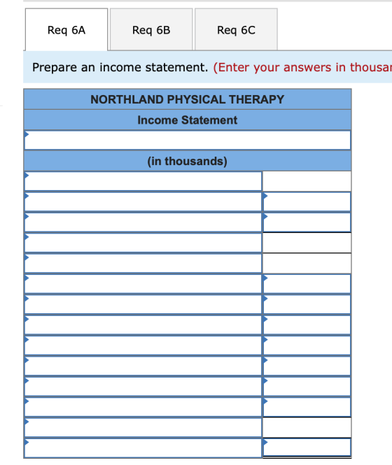 Req 6A Req 6B Req 6C Prepare an income statement. (Enter your answers in thousar NORTHLAND PHYSICAL THERAPY Income Statement