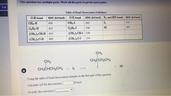 This question has multiple parts. Work all the parts to get the most points. 1 pt 1 pt Table of Bond Dissociation Enthalpies