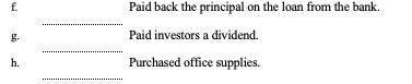 Paid back the principal on the loan from the bank. Paid investors a dividend. Purchased office supplies.