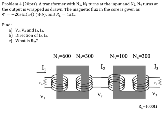 Problem 4 (20pts). A transformer with N1, N3 turns at the input and N2, N4 turns at the output is wrapped as drawn. The magne