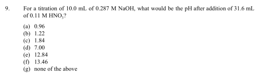 9. For a titration of 10.0 mL of 0.287 M NaOH, what would be the pH after addition of 31.6 mL of 0.11 M HNOz? (a) 0.96 (b) 1.