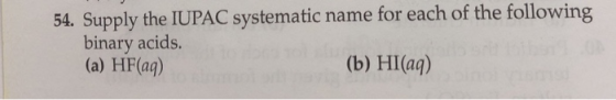 54. Supply the IUPAC systematic name for each of the following binary acids. (a) HF(aq) (b) HI(aq)