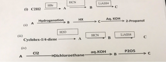 HCN LIAIH4 HBr () С2Н2 В C нх Aq. KOH Hydrogenation 2-Propanol A () Н20 LIAIH4 HCN Cyclohex-1/4-diene с в (iv) C12 aq.KOH P20