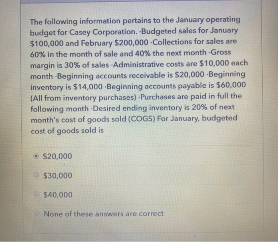 The following information pertains to the January operating budget for Casey Corporation. ·Budgeted sales for January $100,00