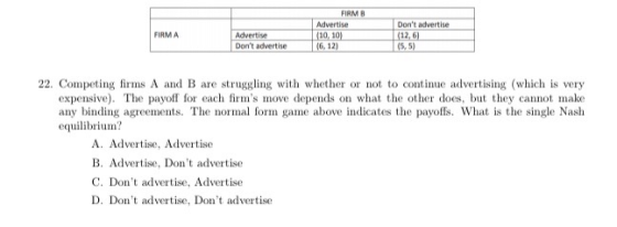FIRMB Advertise (10, 10) 6, 12) FIRMA Advertise Dont advertise Dont advertise (12, 6) (SS) 22. Competing firms A and B are