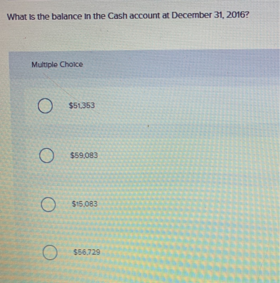 What is the balance In the Cash account at December 31, 2016? Multiple Choice $51,353 $59,083 $15,083 $56,729
